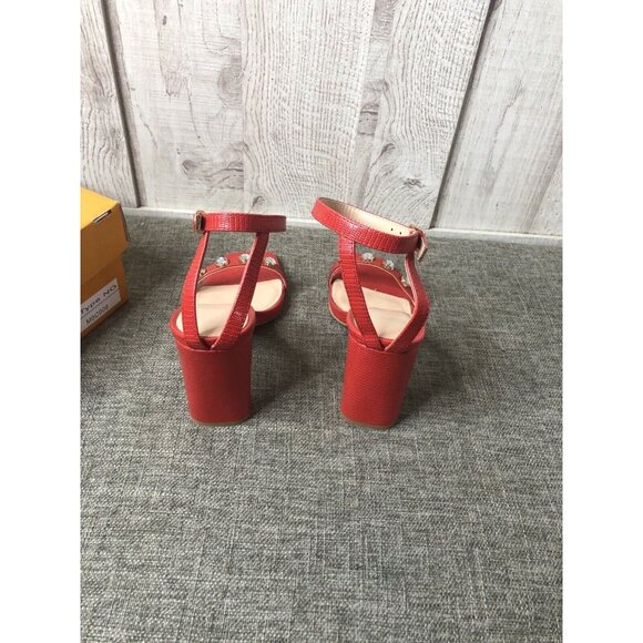 Womens Vetaste Red Chunky Sexy Ankle Strap Rhinestones Dress Heels Shoes Size 5 - Picture 3 of 8